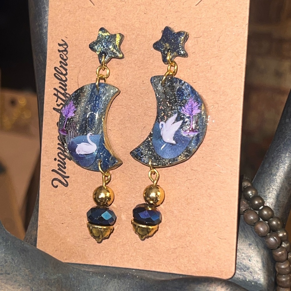 Nique Celestial Star and Moon Earrings with Gold and Blue